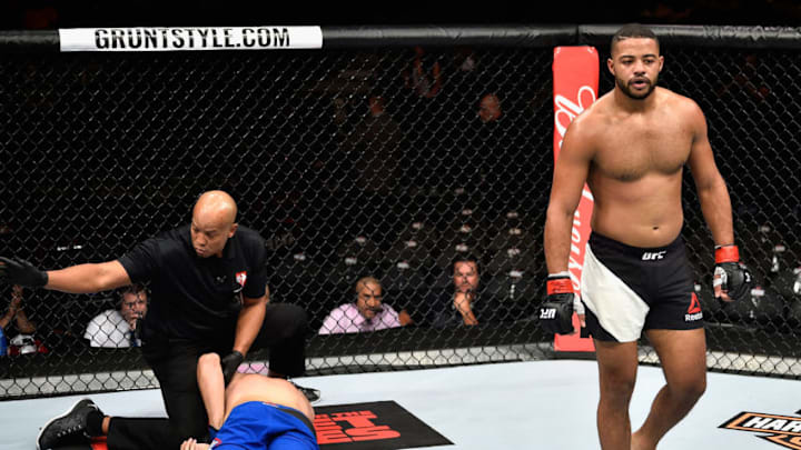 LAS VEGAS, NV - JULY 08: (R-L) Trevin Giles celebrates his knockout victory over James Bochnovic in their light heavyweight bout during the UFC 213 event at T-Mobile Arena on July 8, 2017 in Las Vegas, Nevada. (Photo by Jeff Bottari/Zuffa LLC/Zuffa LLC via Getty Images)