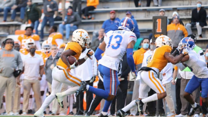 Dec 5, 2020; Knoxville, Tennessee, USA; Tennessee Volunteers running back Eric Gray (3) runs for a touchdown against the Florida Gators during the first half at Neyland Stadium. Mandatory Credit: Randy Sartin-USA TODAY Sports