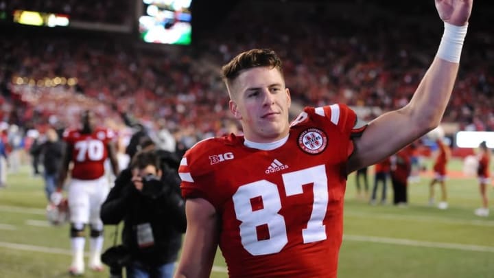 Nov 7, 2015; Lincoln, NE, USA; Nebraska Cornhuskers wide receiver Brandon Reilly (87) waves to the crowd after defeating the Michigan State Spartans 39-38 at Memorial Stadium. Mandatory Credit: Steven Branscombe-USA TODAY Sports