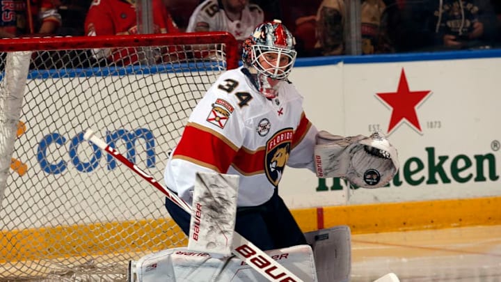 SUNRISE, FL - FEBRUARY 21: Goaltender James Reimer #34 of the Florida Panthers in net during warm ups prior to the start of the game against the Carolina Hurricanes at the BB&T Center on February 21, 2019 in Sunrise, Florida. (Photo by Eliot J. Schechter/NHLI via Getty Images)