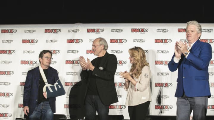 TORONTO, ON - AUGUST 31: (L-R) Actors Michael J. Fox, Christopher Lloyd, Lea Thompson and Tom Wilson attend An Evening With the Cast of "Back To The Future" at the Metro Toronto Convention Centre on August 31, 2018 in Toronto, Canada. (Photo by Brian de Rivera Simon/Getty Images)