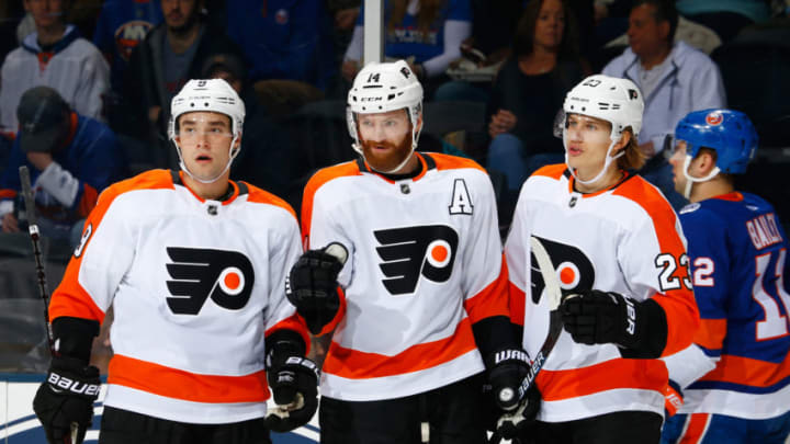 UNIONDALE, NY - MARCH 09: Sean Couturier #14 of the Philadelphia Flyers celebrates his second period goal against the New York Islanders at NYCB Live's Nassau Coliseum on March 9, 2019 in Uniondale, New York. (Photo by Mike Stobe/NHLI via Getty Images)