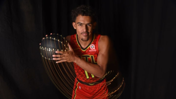 TARRYTOWN, NY - AUGUST 12: Trae Young #11 of the Atlanta Hawks poses for a portrait during the 2018 NBA Rookie Photo Shoot on August 12, 2018 at the Madison Square Garden Training Facility in Tarrytown, New York. NOTE TO USER: User expressly acknowledges and agrees that, by downloading and or using this photograph, User is consenting to the terms and conditions of the Getty Images License Agreement. Mandatory Copyright Notice: Copyright 2018 NBAE (Photo by Brian Babineau/NBAE via Getty Images)