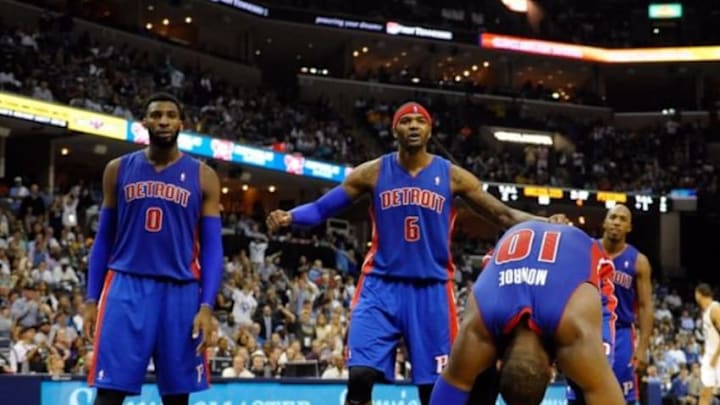 Nov 1, 2013; Memphis, TN, USA; Detroit Pistons center Andre Drummond (0) Detroit Pistons small forward Josh Smith (6) and Detroit Pistons center Greg Monroe (10) react to call against Memphis Grizzlies during the second half at FedExForum. Memphis Grizzlies beat the Detroit Pistons 111 to 108. Mandatory Credit: Justin Ford-USA TODAY Sports