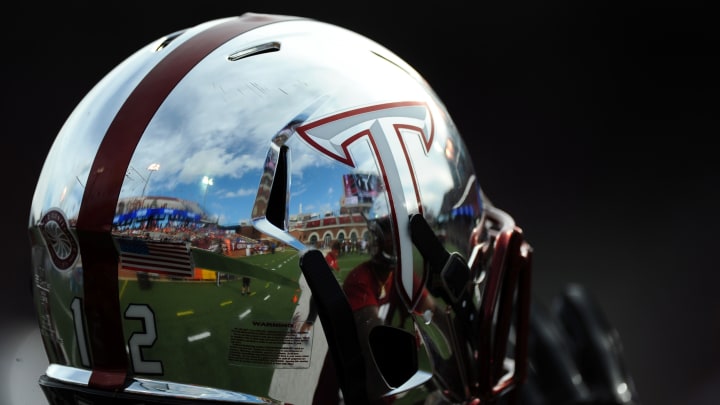 Sep 1, 2018; Troy, AL, USA; View of the Troy Trojans helmet before the game against the Boise State Broncos at Veterans Memorial Stadium. Mandatory Credit: Christopher Hanewinckel-USA TODAY Sports