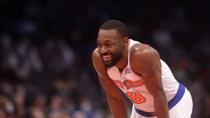 Nov 12, 2021; Charlotte, North Carolina, USA; New York Knicks guard Kemba Walker (8) during a time out in the first half against the Charlotte Hornets at the Spectrum Center. Mandatory Credit: Sam Sharpe-USA TODAY Sports