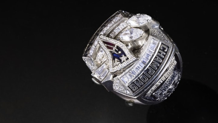 Jan 27, 2016; Canton, OH, USA; General view of Super Bowl XXXVIII championship ring to commemorate the New England Patriots victory over the Carolina Panthers on February 1, 2004 on display at the at the Pro Football Hall of Fame. Mandatory Credit: Scott R. Galvin-USA TODAY NETWORK