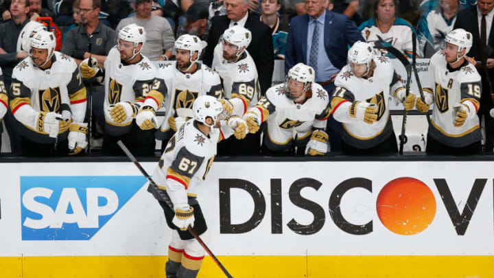 SAN JOSE, CA - APRIL 23: Max Pacioretty #67 of the Vegas Golden Knights celebrates after scoring against the San Jose Sharks in Game Seven of the Western Conference First Round during the 2019 NHL Stanley Cup Playoffs at SAP Center on April 23, 2019 in San Jose, California. (Photo by Lachlan Cunningham/Getty Images)