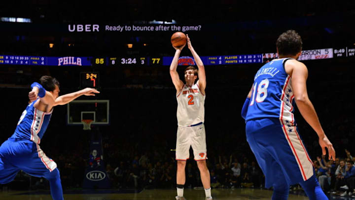 PHILADELPHIA, PA - MARCH 28: Luke Kornet #2 of the New York Knicks shoots the ball against the Philadelphia 76ers at Wells Fargo Center on March 28, 2018 in Philadelphia, Pennsylvania. Copyright 2018 NBAE (Photo by Jesse D. Garrabrant/NBAE via Getty Images)
