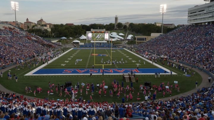 Sep 12, 2015; Lawrence, KS, USA; A general view of play during the first half of the game between the Kansas Jayhawks and Memphis Tigers at Memorial Stadium. Mandatory Credit: Denny Medley-USA TODAY Sports