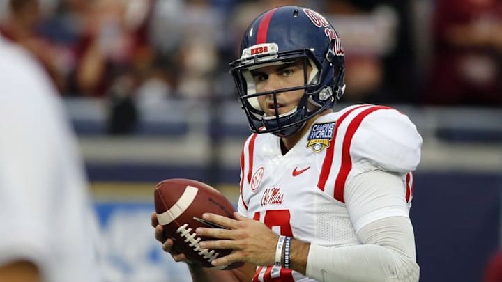 Sep 5, 2016; Orlando, FL, USA; Mississippi Rebels quarterback Chad Kelly (10) works out before a game against the Florida State Seminoles at Camping World Stadium. Mandatory Credit: Kim Klement-USA TODAY Sports