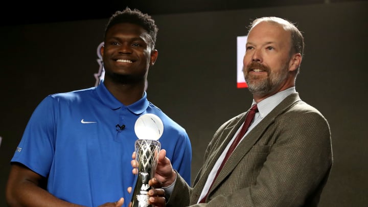 MINNEAPOLIS, MINNESOTA – APRIL 05: Zion Williamson of the Duke Blue Devils poses with Barry Bedlan, Deputy Director of AP Sports Products at The Associated Press, during a press conference after being awarded the AP Player of the Year award prior to the 2019 NCAA men’s Final Four at U.S. Bank Stadium on April 5, 2019 in Minneapolis, Minnesota. (Photo by Maxx Wolfson/Getty Images)