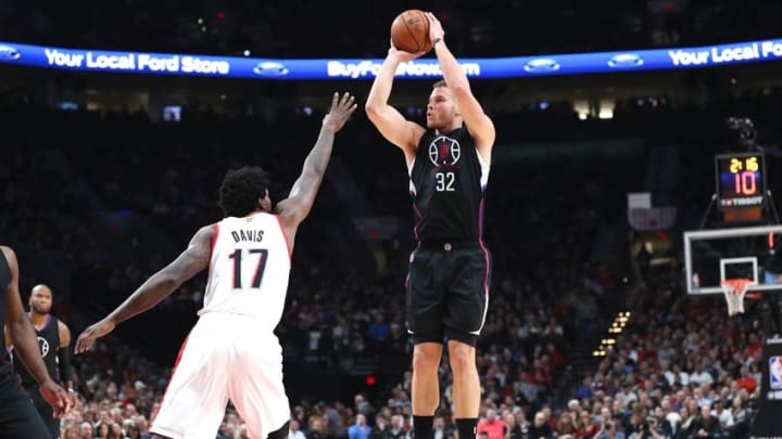 Oct 27, 2016; Portland, OR, USA; Los Angeles Clippers forward Blake Griffin (32) shoots over Portland Trail Blazers forward Ed Davis (17) in the first half at Moda Center. Mandatory Credit: Jaime Valdez-USA TODAY Sports