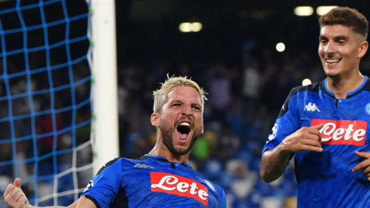 Napoli's Belgian forward Dries Mertens celebrates after scoring a penalty during the UEFA Champions League Group E football match Napoli vs Liverpool on September 17, 2019 at the San Paolo stadium in Naples. (Photo by Andreas SOLARO / AFP) (Photo credit should read ANDREAS SOLARO/AFP/Getty Images)