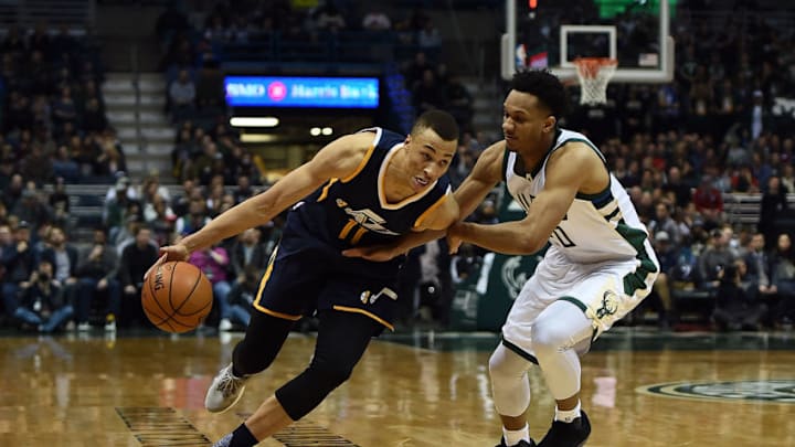 MILWAUKEE, WI - FEBRUARY 24: Dante Exum #11 of the Utah Jazz works against Rashad Vaughn #20 of the Milwaukee Bucks during a game at the BMO Harris Bradley Center on February 24, 2017 in Milwaukee, Wisconsin. NOTE TO USER: User expressly acknowledges and agrees that, by downloading and or using this photograph, User is consenting to the terms and conditions of the Getty Images License Agreement. (Photo by Stacy Revere/Getty Images) MILWAUKEE, WI - FEBRUARY 24: Dante Exum #11 of the Utah Jazz works against Rashad Vaughn #20 of the Milwaukee Bucks during a game at the BMO Harris Bradley Center on February 24, 2017 in Milwaukee, Wisconsin. NOTE TO USER: User expressly acknowledges and agrees that, by downloading and or using this photograph, User is consenting to the terms and conditions of the Getty Images License Agreement. (Photo by Stacy Revere/Getty Images)