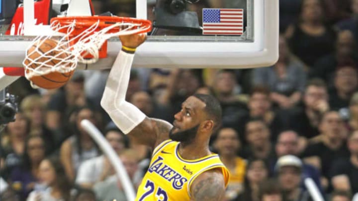 SAN ANTONIO,TX – OCTOBER 27: LeBron James #23 of the Los Angeles Lakers dunks past Rudy Gay #22 of the San Antonio Spurs at AT&T Center on October 27 , 2018 in San Antonio, Texas. NOTE TO USER: User expressly acknowledges and agrees that , by downloading and or using this photograph, User is consenting to the terms and conditions of the Getty Images License Agreement. (Photo by Ronald Cortes/Getty Images)