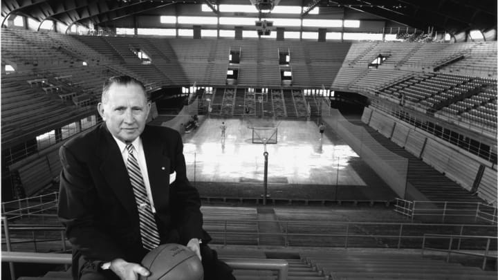 1954: Dr. Forrest C. ”Phog” Allen coached basketball at the University of Kansas for 39 seasons, he is shown here the afternoon before the Allen Fieldhouse was dedicated in his honor. Photo Copyright Rich Clarkson