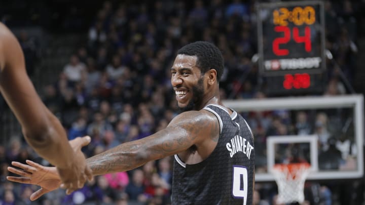 SACRAMENTO, CA – FEBRUARY 4: Iman Shumpert #9 of the Sacramento Kings smiles during the game against the San Antonio Spurs on February 4, 2019 at Golden 1 Center in Sacramento, California. NOTE TO USER: User expressly acknowledges and agrees that, by downloading and or using this photograph, User is consenting to the terms and conditions of the Getty Images Agreement. Mandatory Copyright Notice: Copyright 2019 NBAE (Photo by Rocky Widner/NBAE via Getty Images)