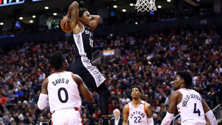 TORONTO, ON - JANUARY 12: DeMar DeRozan #10 of the San Antonio Spurs dunks the ball during the second half of an NBA game against the Toronto Raptors at Scotiabank Arena on January 12, 2020 in Toronto, Canada. NOTE TO USER: User expressly acknowledges and agrees that, by downloading and or using this photograph, User is consenting to the terms and conditions of the Getty Images License Agreement. (Photo by Vaughn Ridley/Getty Images) TORONTO, ON - JANUARY 12: DeMar DeRozan #10 of the San Antonio Spurs dunks the ball during the second half of an NBA game against the Toronto Raptors at Scotiabank Arena on January 12, 2020 in Toronto, Canada. NOTE TO USER: User expressly acknowledges and agrees that, by downloading and or using this photograph, User is consenting to the terms and conditions of the Getty Images License Agreement. (Photo by Vaughn Ridley/Getty Images)