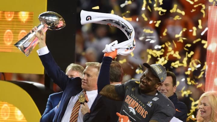 Feb 7, 2016; Santa Clara, CA, USA;Denver Broncos general manager John Elway and Super Bowl MVP Denver Broncos outside linebacker Von Miller (58) celebrate winning Super Bowl 50 at Levi