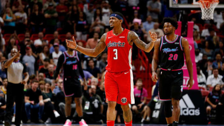 Bradley Beal #3 of the Washington Wizards reacts against the Miami Heat during the second half (Photo by Michael Reaves/Getty Images)