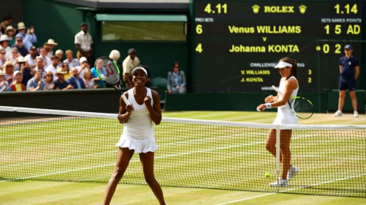 LONDON, ENGLAND - JULY 13: Venus Williams of The United States victory during the Ladies Singles semi final match against Johanna Konta of Great Britain on day ten of the Wimbledon Lawn Tennis Championships at the All England Lawn Tennis and Croquet Club at Wimbledon on July 13, 2017 in London, England. (Photo by Clive Brunskill/Getty Images)