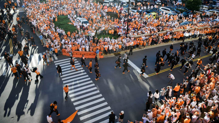 Tennessee players walk to the stadium during the Vol Walk before an SEC football game between Tennessee and Ole Miss at Neyland Stadium in Knoxville, Tenn. on Saturday, Oct. 16, 2021.Kns Tennessee Ole Miss Football