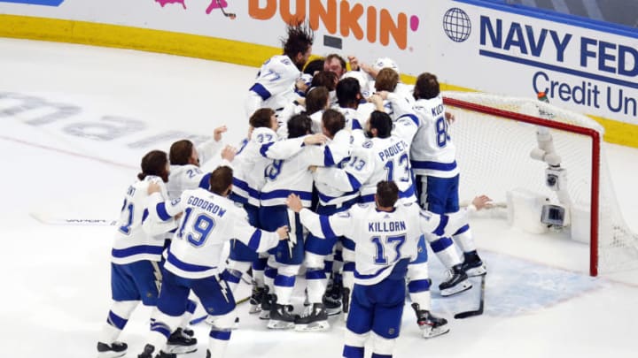 The Tampa Bay Lightning celebrate following the series-winning 2-0 victory over the Dallas Stars in Game Six of the 2020 NHL Stanley Cup Final. (Photo by Bruce Bennett/Getty Images)