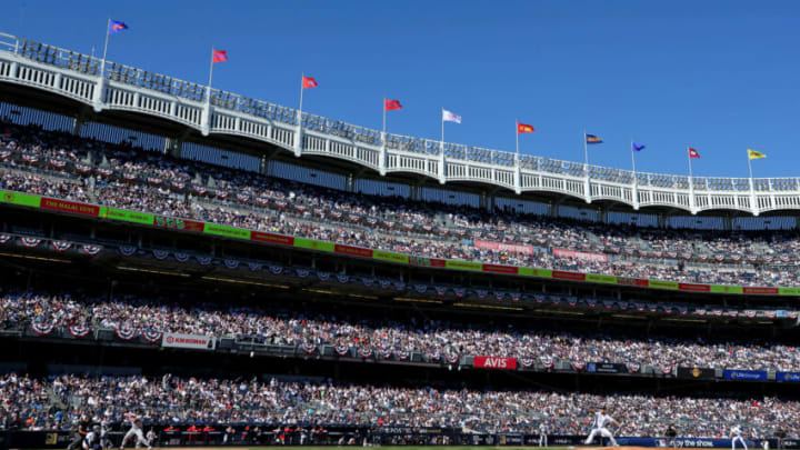 Oct 14, 2022; Bronx, New York, USA; A general view as New York Yankees starting pitcher Nestor Cortes (65) pitches against Cleveland Guardians catcher Austin Hedges (17) during the third inning in game two of the ALDS for the 2022 MLB Playoffs at Yankee Stadium. Mandatory Credit: Brad Penner-USA TODAY Sports