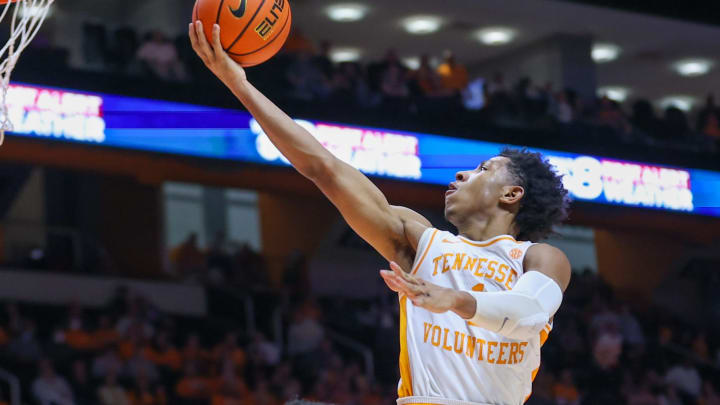 Feb 1, 2022; Knoxville, Tennessee, USA; Tennessee Volunteers guard Kennedy Chandler (1) goes to the basket against the Texas A&M Aggies during the second half at Thompson-Boling Arena. Mandatory Credit: Randy Sartin-USA TODAY Sports