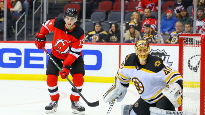 NEWARK, NJ - NOVEMBER 19: New Jersey Devils center Nico Hischier (13) skates during the National Hockey League game between the New Jersey Devils and the Boston Bruins on November 19, 2019 at the Prudential Center in Newark, NJ. (Photo by Rich Graessle/Icon Sportswire via Getty Images)