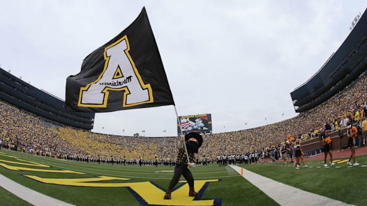 ANN ARBOR, MI - AUGUST 30: The Appalachian State Mountaineers team mascot Yosef waves the schools flag prior to the start of the game against the Michigan Wolverines on August 30, 2014 in Ann Arbor, Michigan. The Wolverines defeated the Mountaineers 52-14. (Photo by Leon Halip/Getty Images)