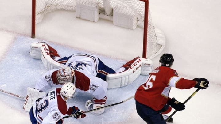 SUNRISE, FL - FEBRUARY 17: Aleksander Barkov #16 of the Florida Panthers scores against Goaltender Carey Price #31 of the Montreal Canadiens in the second period at the BB&T Center on February 17, 2019 in Sunrise, Florida. (Photo by Eliot J. Schechter/NHLI via Getty Images)