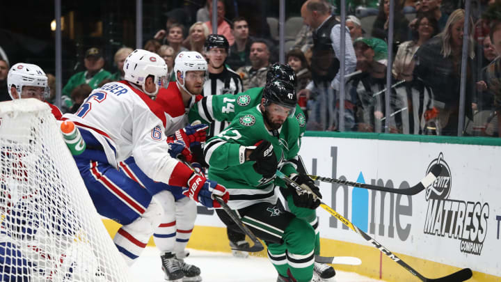 DALLAS, TEXAS – NOVEMBER 02: Alexander Radulov #47 of the Dallas Stars skates the puck against Shea Weber #6 of the Montreal Canadiens in the third period at American Airlines Center on November 02, 2019 in Dallas, Texas. (Photo by Ronald Martinez/Getty Images)