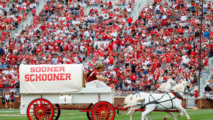 NORMAN, OK - APRIL 23: The Sooner Schooner of the Oklahoma Sooners makes its way around the field before their spring game at Gaylord Family Oklahoma Memorial Stadium on April 23, 2022 in Norman, Oklahoma. (Photo by Brian Bahr/Getty Images)