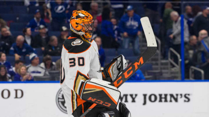 TAMPA, FL - NOVEMBER 27: Goalie Ryan Miller #30 of the Anaheim Ducks celebrates the win against the Tampa Bay Lightning at Amalie Arena on November 27, 2018 in Tampa, Florida. (Photo by Scott Audette/NHLI via Getty Images)