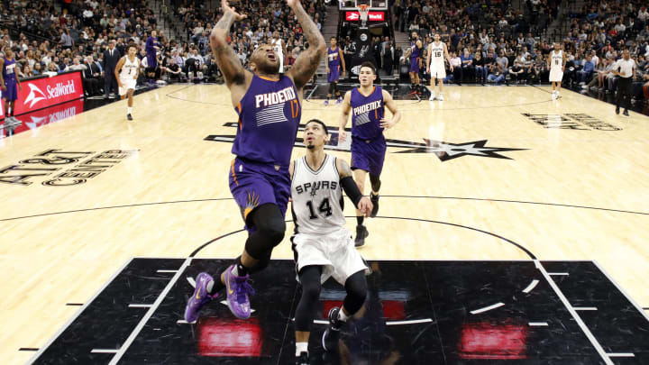 Dec 28, 2016; San Antonio, TX, USA; Phoenix Suns small forward P.J. Tucker (17) loses control of the ball as he drives to the basket against the San Antonio Spurs during the first half at AT&T Center. Mandatory Credit: Soobum Im-USA TODAY Sports