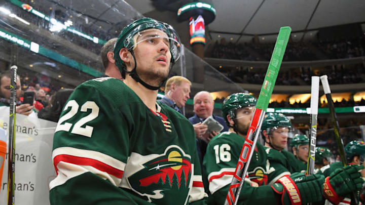 ST. PAUL, MN - MARCH 13: Minnesota Wild Right Wing Nino Niederreiter (22) looks on from the bench during a NHL game between the Minnesota Wild and Colorado Avalanche on March 13, 2018 at Xcel Energy Center in St. Paul, MN. The Avalanche defeated the Wild 5-1.(Photo by Nick Wosika/Icon Sportswire via Getty Images)