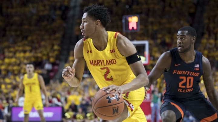 COLLEGE PARK, MD - DECEMBER 07: Aaron Wiggins #2 of the Maryland Terrapins drives to the basket against Da'Monte Williams #20 of the Illinois Fighting Illini during the second half at Xfinity Center on December 7, 2019 in College Park, Maryland. (Photo by Scott Taetsch/Getty Images)