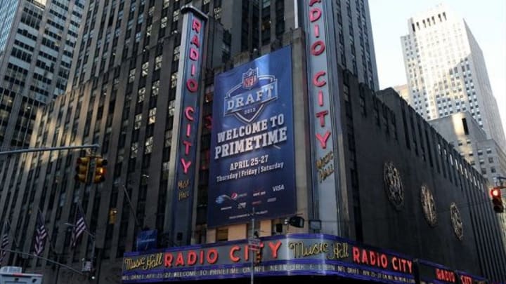 Apr 25, 2013; New York, NY, USA; A general view of the exterior of Radio City Music Hall before the 2013 NFL Draft. Mandatory Credit: Jerry Lai-USA TODAY Sports