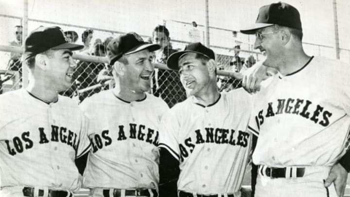 Portrait of four baseball players from the Los Angeles Angels team as they pose before a pre-season game, Los Angeles, California, March 1961. Pictured are, from left, Ken Hunt, Bob Cerv, Duke Maas (1929 - 1976), and Eli Grba. (Photo by Transcendental Graphics/Getty Images)