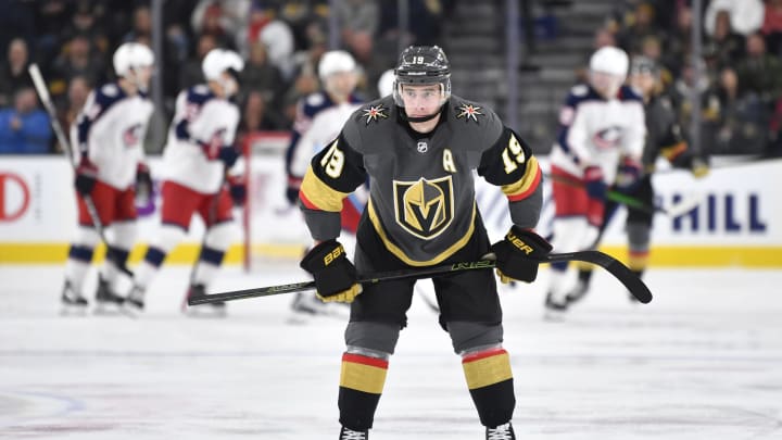 LAS VEGAS, NEVADA – JANUARY 11: Reilly Smith #19 of the Vegas Golden Knights reacts after a goal by the Columbus Blue Jackets during the second period at T-Mobile Arena on January 11, 2020 in Las Vegas, Nevada. (Photo by Jeff Bottari/NHLI via Getty Images)