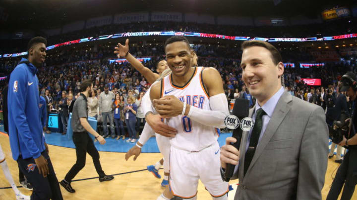 OKLAHOMA CITY, OK - DECEMBER 22: Russell Westbrook #0 of the OKC Thunder celebrates a win after defeating the Atlanta Hawks on December 22, 2017 at Chesapeake Energy Arena in Oklahoma City, Oklahoma. Copyright 2017 NBAE (Photo by Layne Murdoch/NBAE via Getty Images)