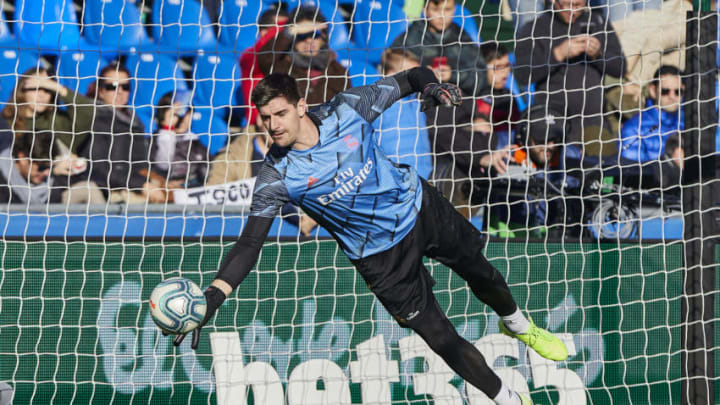 GETAFE, SPAIN - 2020/01/04: Thibaut Courtois of Real Madrid warms up before the La Liga match between Getafe CF and Real Madrid at Coliseum Alfonso Perez in Getafe.(Final score: Getafe CF 0:3 Real Madrid). (Photo by Legan P. Mace/SOPA Images/LightRocket via Getty Images)