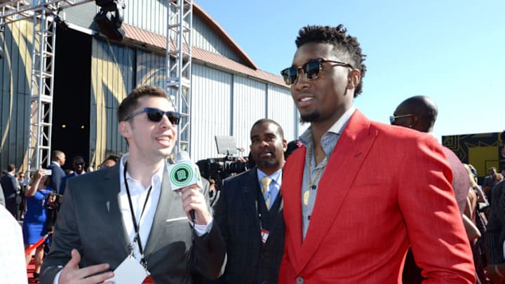 SANTA MONICA, CA - JUNE 25: Donovan Mitchell #45 of the Utah Jazz speaks with the media during the 2018 NBA Awards Show on June 25, 2018 at The Barkar Hangar in Santa Monica, California. Copyright 2018 NBAE (Photo by Andrew D. Bernstein/NBAE via Getty Images)