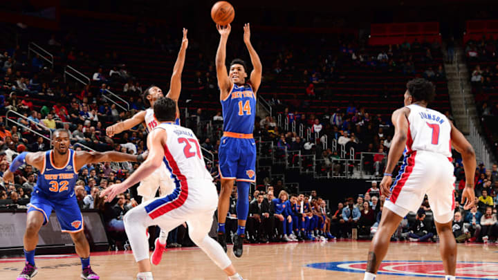 DETROIT, MI - NOVEMBER 27: Allonzo Trier #14 of the New York Knicks shoots the ball against the Detroit Pistons on November 27, 2018 at Little Caesars Arena in Detroit, Michigan. NOTE TO USER: User expressly acknowledges and agrees that, by downloading and/or using this photograph, User is consenting to the terms and conditions of the Getty Images License Agreement. Mandatory Copyright Notice: Copyright 2018 NBAE (Photo by Chris Schwegler/NBAE via Getty Images)
