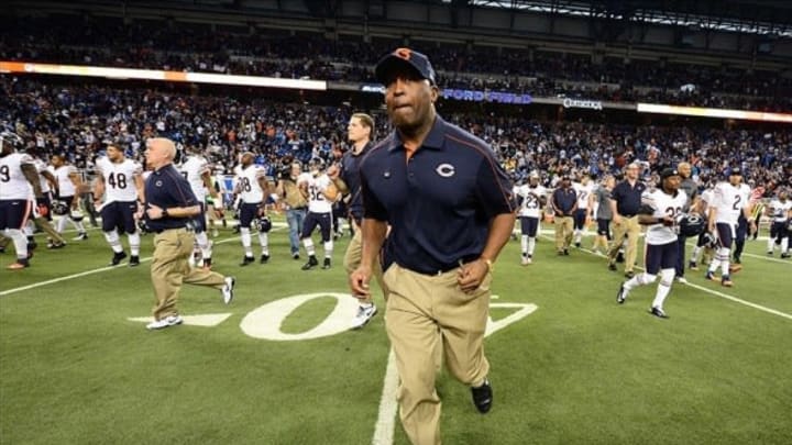 Dec. 30, 2012; Detroit, MI, USA; Chicago Bears head coach Lovie Smith runs off the field after defeating the Detroit Lions 26-24 at Ford Field. Mandatory Credit: Andrew Weber-USA TODAY Sports