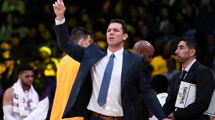 Mar 26, 2017; Los Angeles, CA, USA; Los Angeles Lakers head coach Luke Walton calls a play during the second half against the Portland Trail Blazers at Staples Center. Mandatory Credit: Robert Hanashiro-USA TODAY Sports