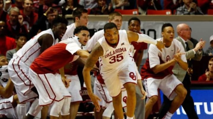 Jan 3, 2015; Norman, OK, USA; Oklahoma Sooners forward TaShawn Thomas (35) after hitting a basket against the Baylor Bears with during the second half at Lloyd Noble Center. Oklahoma won 73-63. Mandatory Credit: Ray Carlin-USA TODAY Sports
