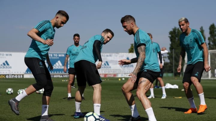 MADRID, SPAIN - MAY 08: Borja Mayoral (L) Nacho Fernandez (2nd L) and Sergio Ramos of Real Madrid in action during a training session at Valdebebas training ground on May 8, 2018 in Madrid, Spain. (Photo by Victor Carretero/Real Madrid via Getty Images)